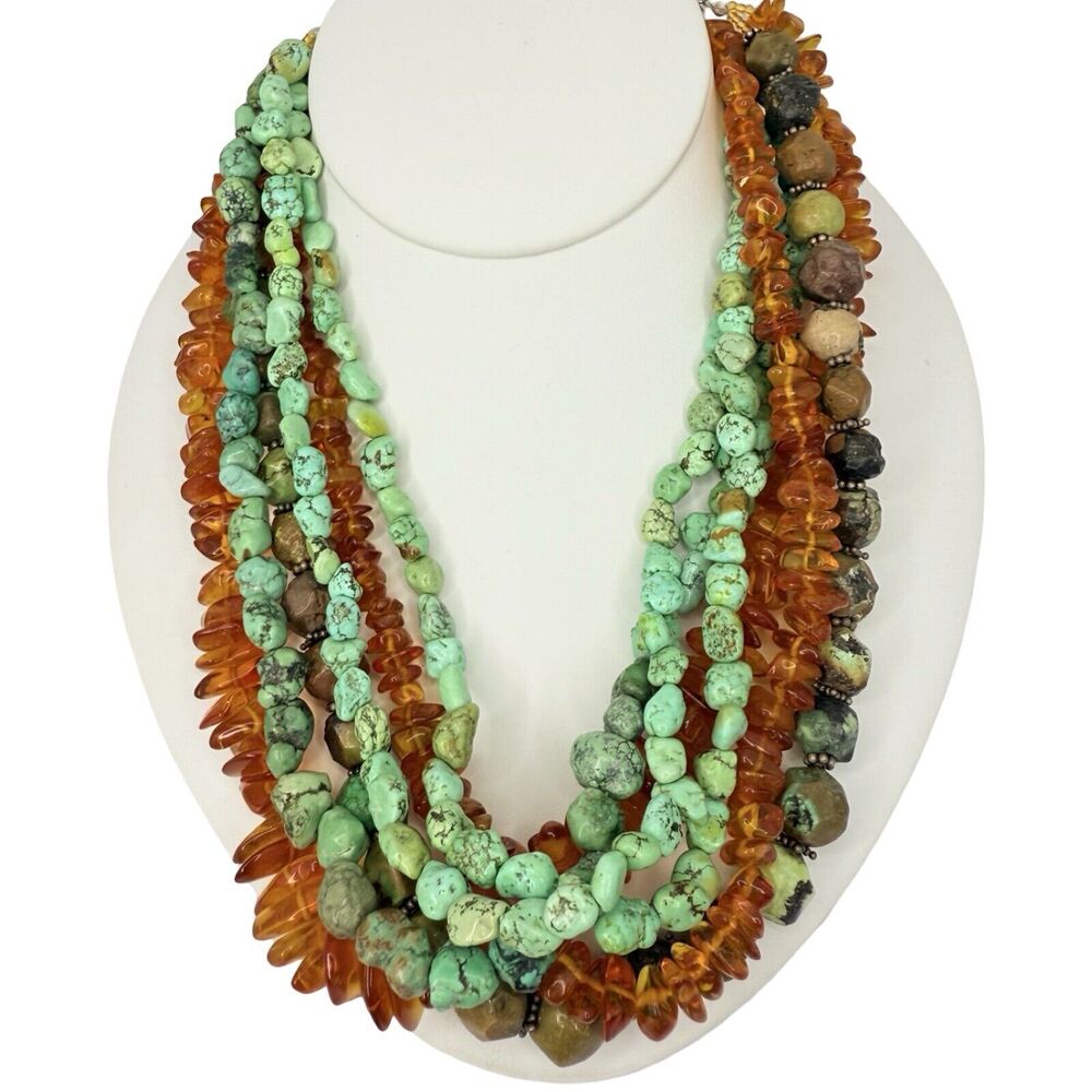 Signed M. Salazar 7 Strand Sterling Silver Amber Turquoise Necklace 156g 925